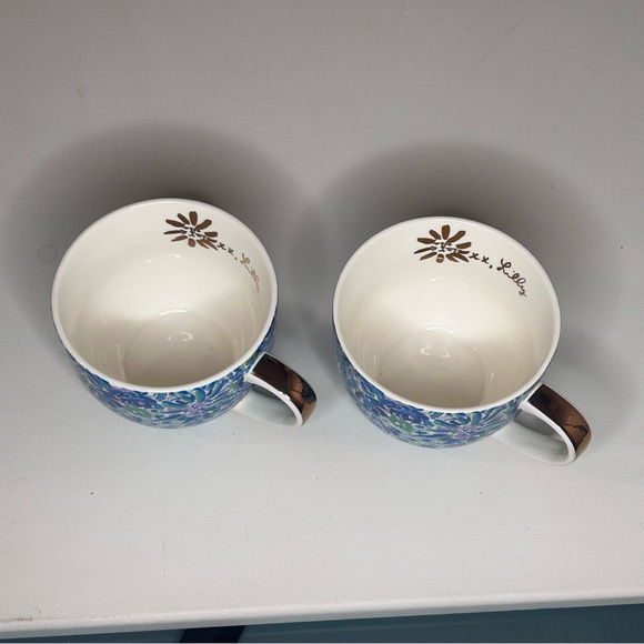 Set of 2 Lilly Pulitzer Coffee Mugs in Lion Around Blue Green Floral Gold Trim - Picture 6 of 9